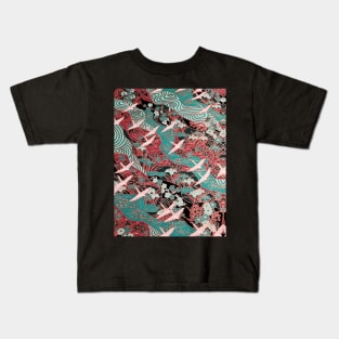 FLYING WHITE CRANES ON BLUE WATERS AND SPRING FLOWERS Antique Red Teal Green Japanese Floral Kids T-Shirt